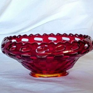 Vintage Fenton Basket Weave Red Ombre Amberina Glass Bowl 6"x2"